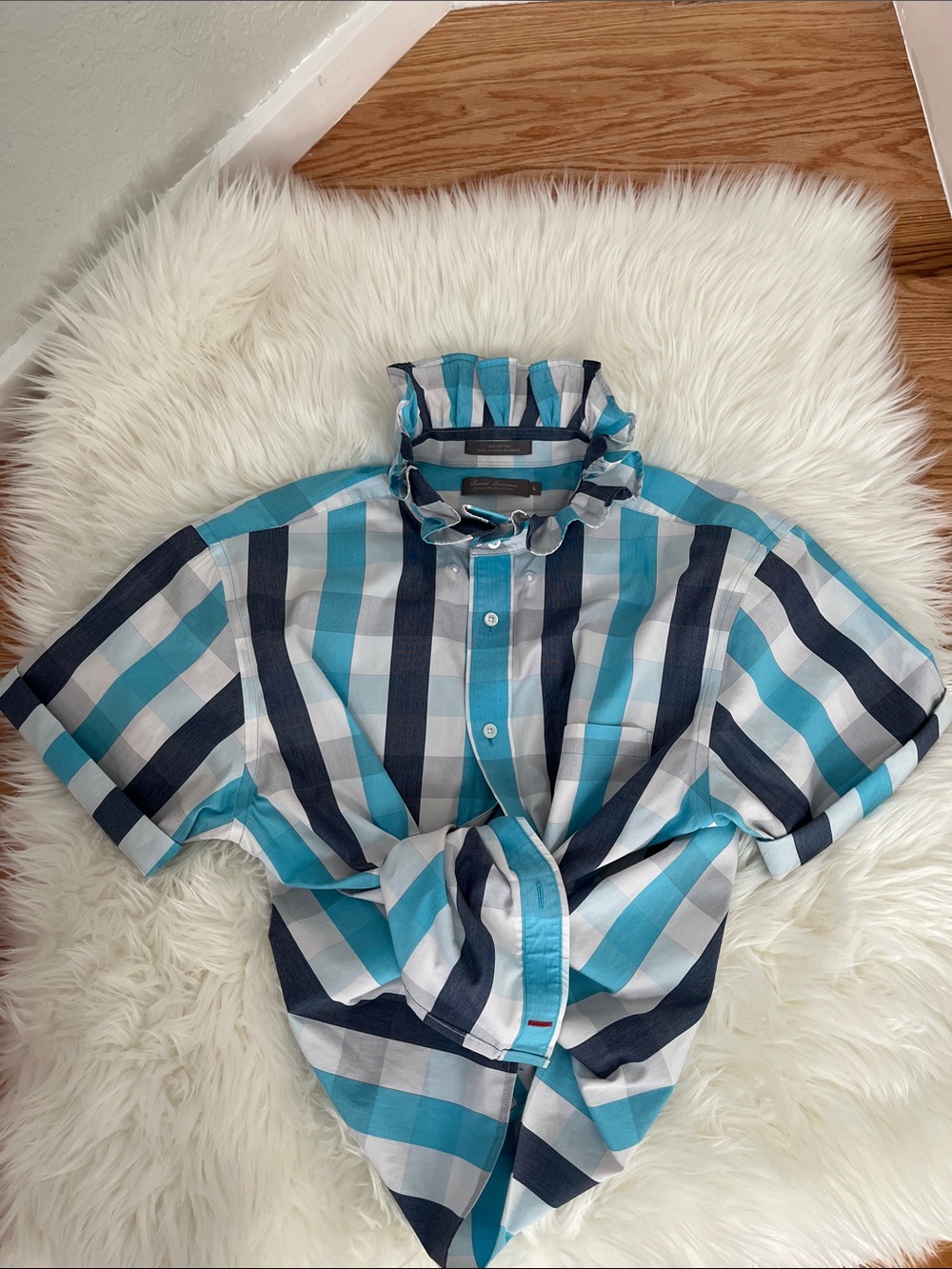 Daniel Cremieux Aqua, Navy & White Plaid Button-Down Top